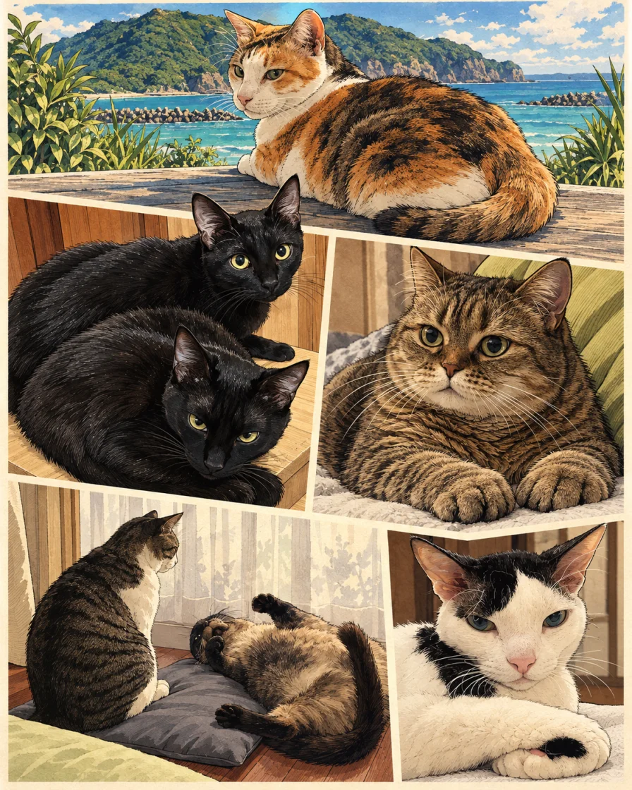Golden Kamui-inspired collage of black cats, tabbies, a black-and-white cat, and a calico by the Okinawa sea