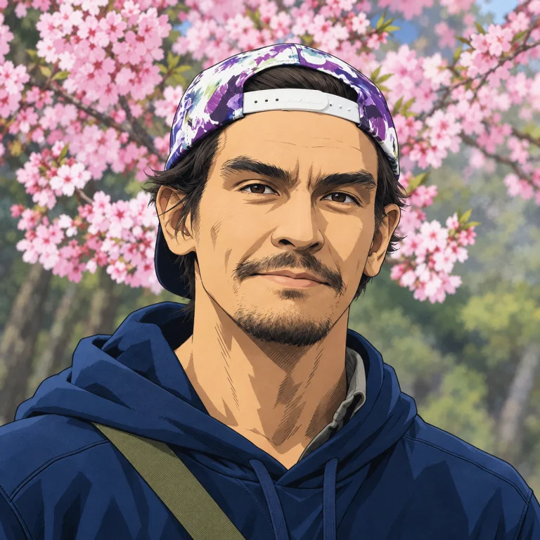 Anime-style portrait of Kaisar Dauyey beneath cherry blossoms